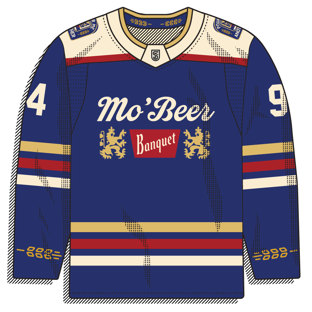 Navy body with gold/cream/red stripe trim and a vintage beer-label "Mo'Beer Banquet" script crest.