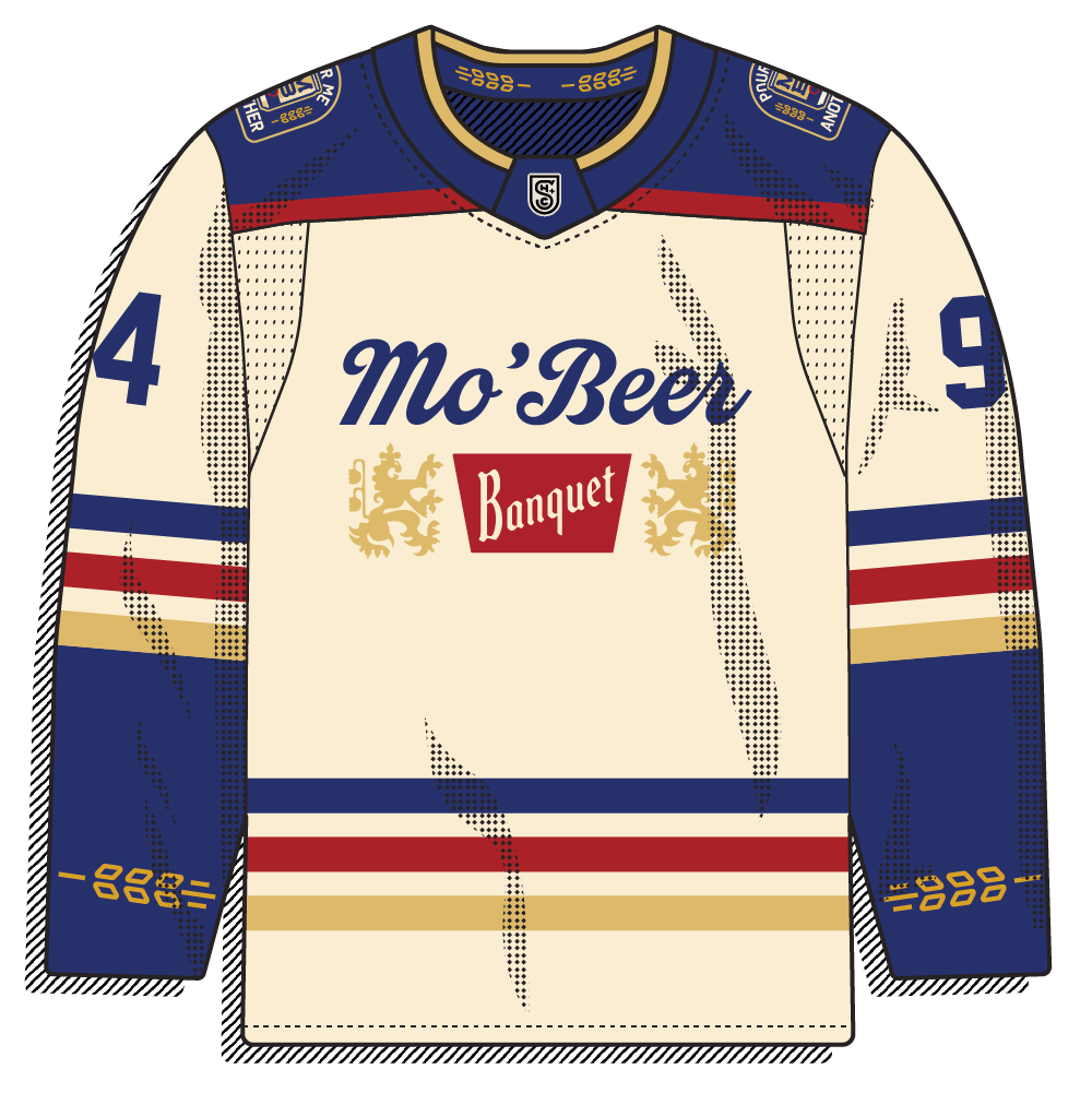 Cream body version of the same beer-label crest.