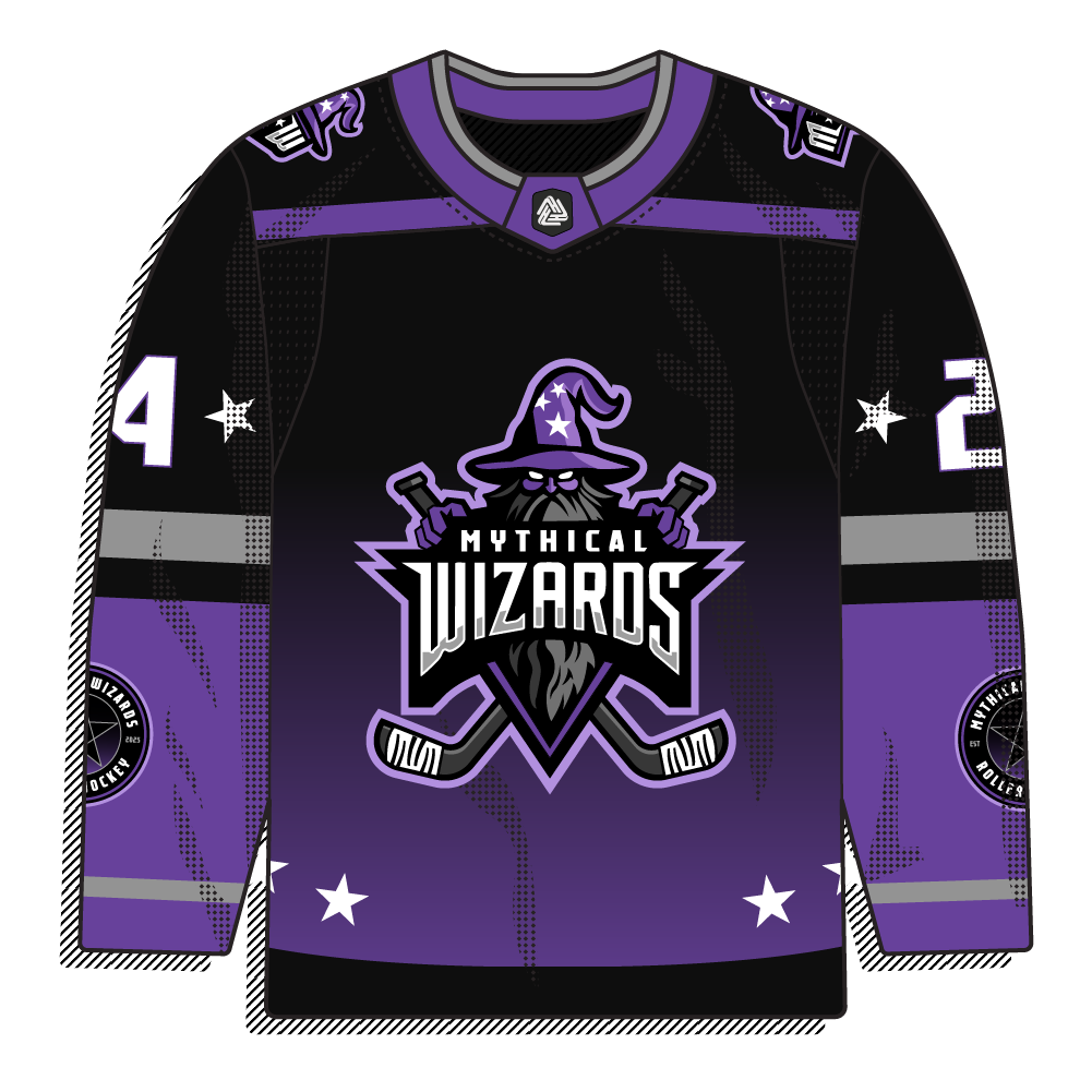 Black-to-purple gradient body with star accents and a crossed-stick wizard mascot crest.