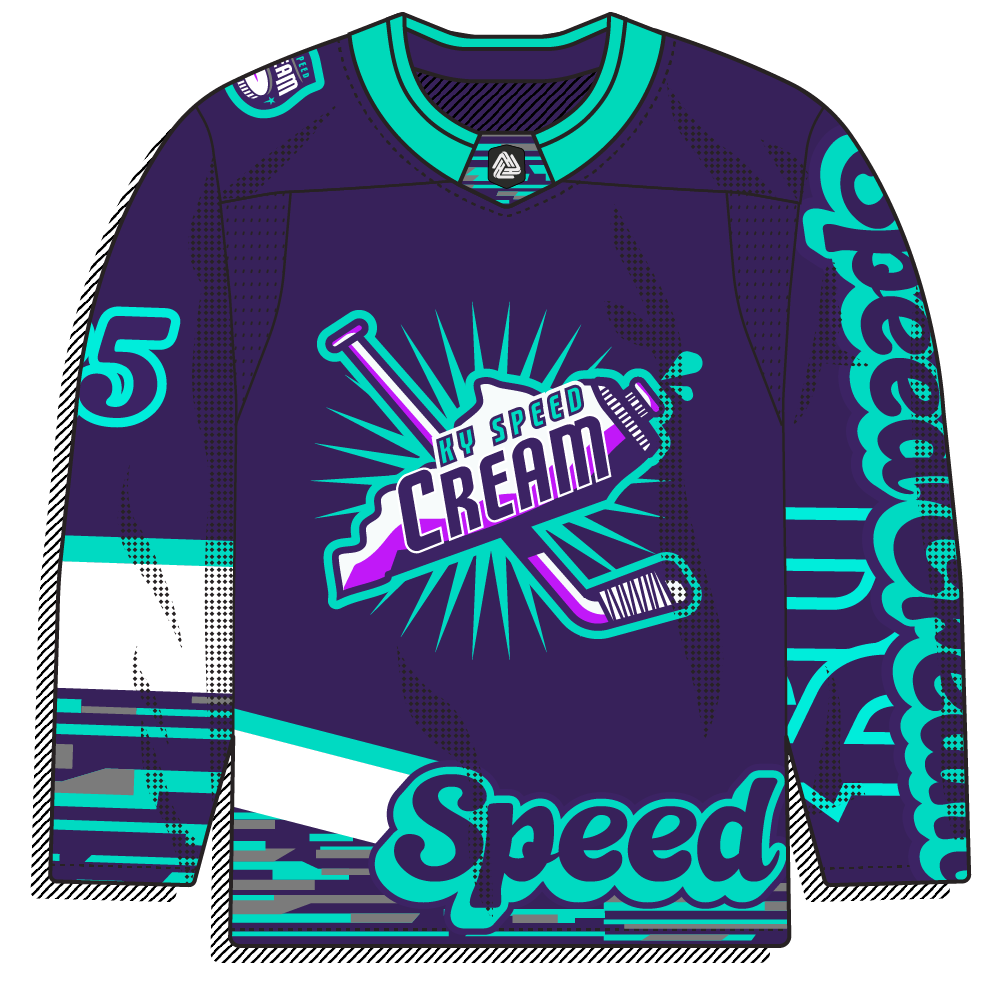 Purple body with a teal/purple tube-and-stick "Speed Cream" burst logo crest.