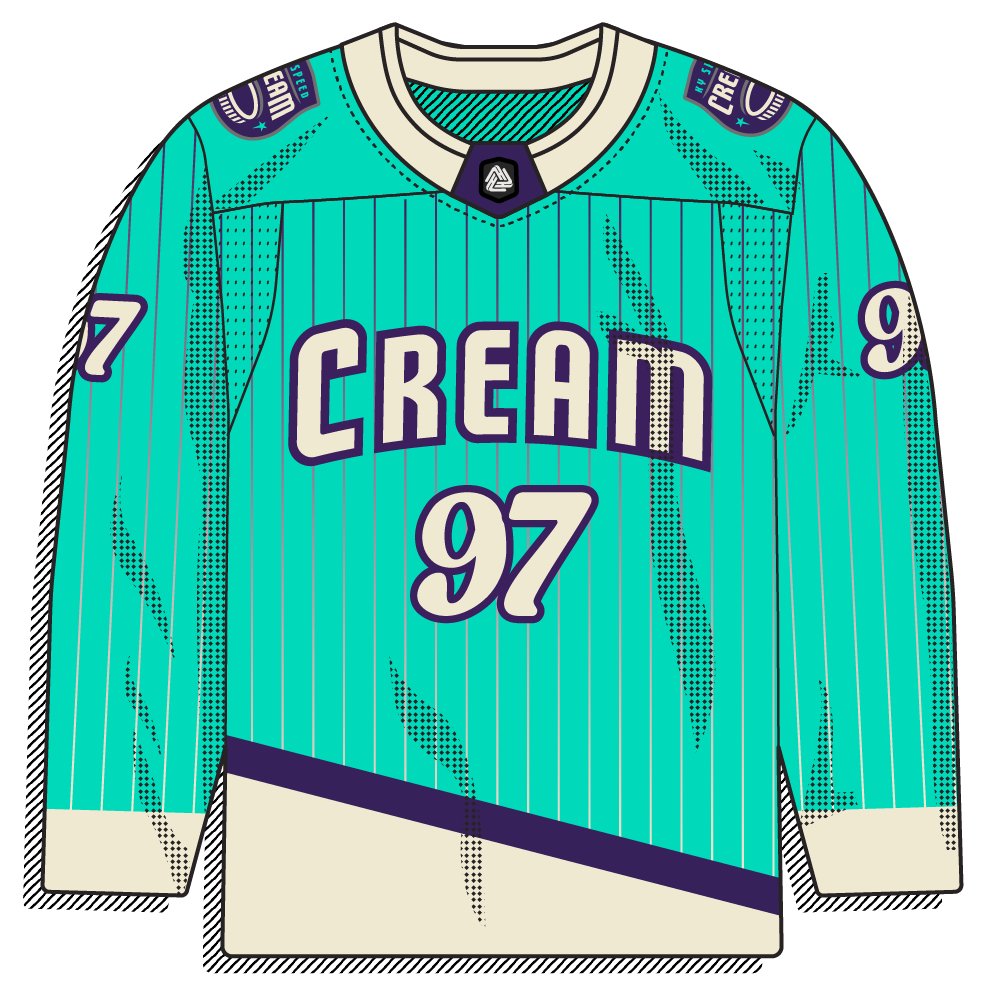 Teal pinstripe body with a cream "CREAM 97" numbered wordmark treatment across the chest.