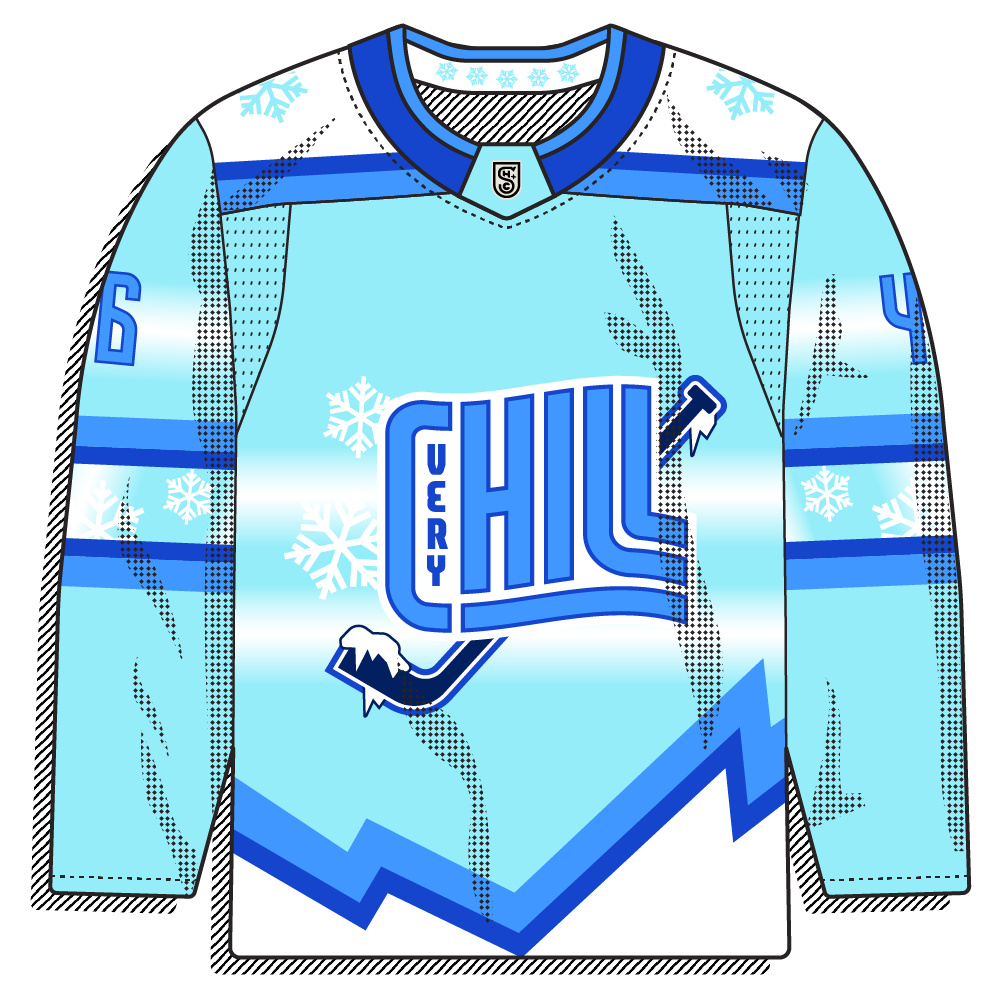 Ice blue body with snowflake graphics and a lightning-bolt hem; "Very Chill" wordmark crest features a frosted hockey stick.