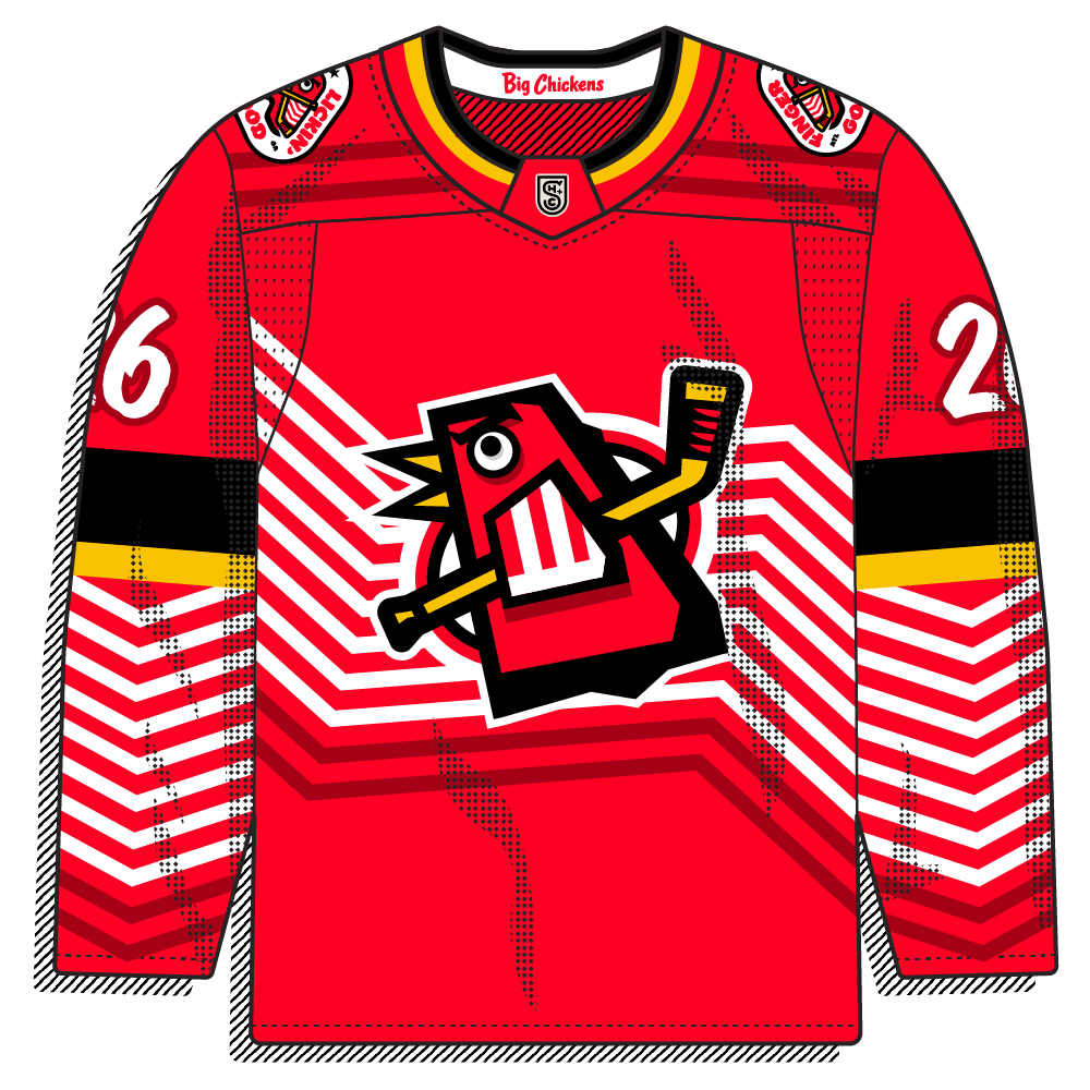 Red base with bold white-and-red stepped chevron stripes across the chest and sleeves, a trippy take on a fried chicken bucket. Angular red chicken crest gripping a gold stick, with black-and-gold arm bands and a gold collar stripe.