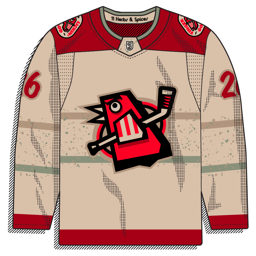 Tan base with a deep red yoke, cuffs, and hem, plus faded tan and sage stripes covered in spice-fleck speckling. Red chicken crest front and center, with red script sleeve numbers and "11 Herbs & Spices" inside the collar.