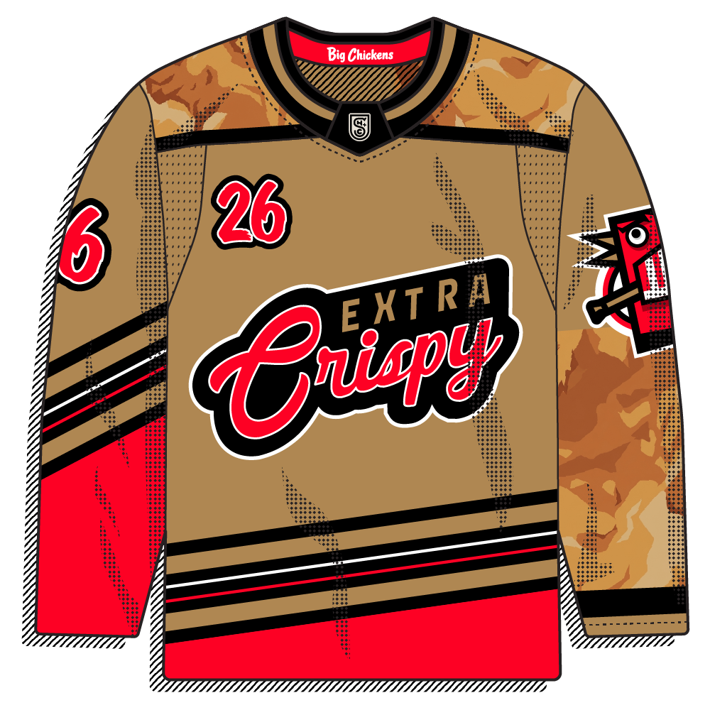 Golden-brown base with an experimental "breading" texture on the shoulders and left sleeve, and black, white, and red diagonal stripes leading into red lower panels. "EXTRA Crispy" red script wordmark on a black banner, with a chest number and the chicken crest on the sleeve. Does it get any crispier?