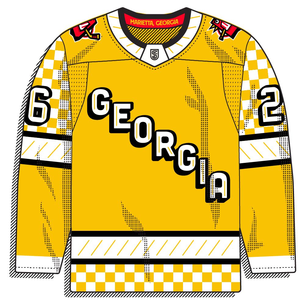 Gold base with gold-and-white checkerboard sleeves and hem, and black-and-white stripes with gold hash marks. White "GEORGIA" block lettering with a heavy black drop shadow runs diagonally across the chest, inspired by the Georgia Gold sauce, with "Marietta, Georgia" inside the collar.