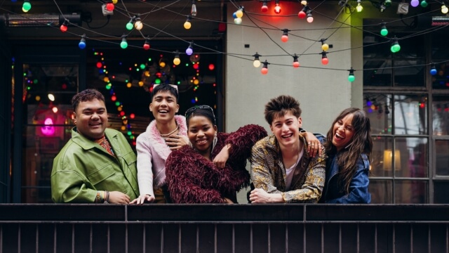 A photo of headline artists Lila Crichton, RV Quijano, Tusekah, Mackenzie and Riiki Reid having a laugh together