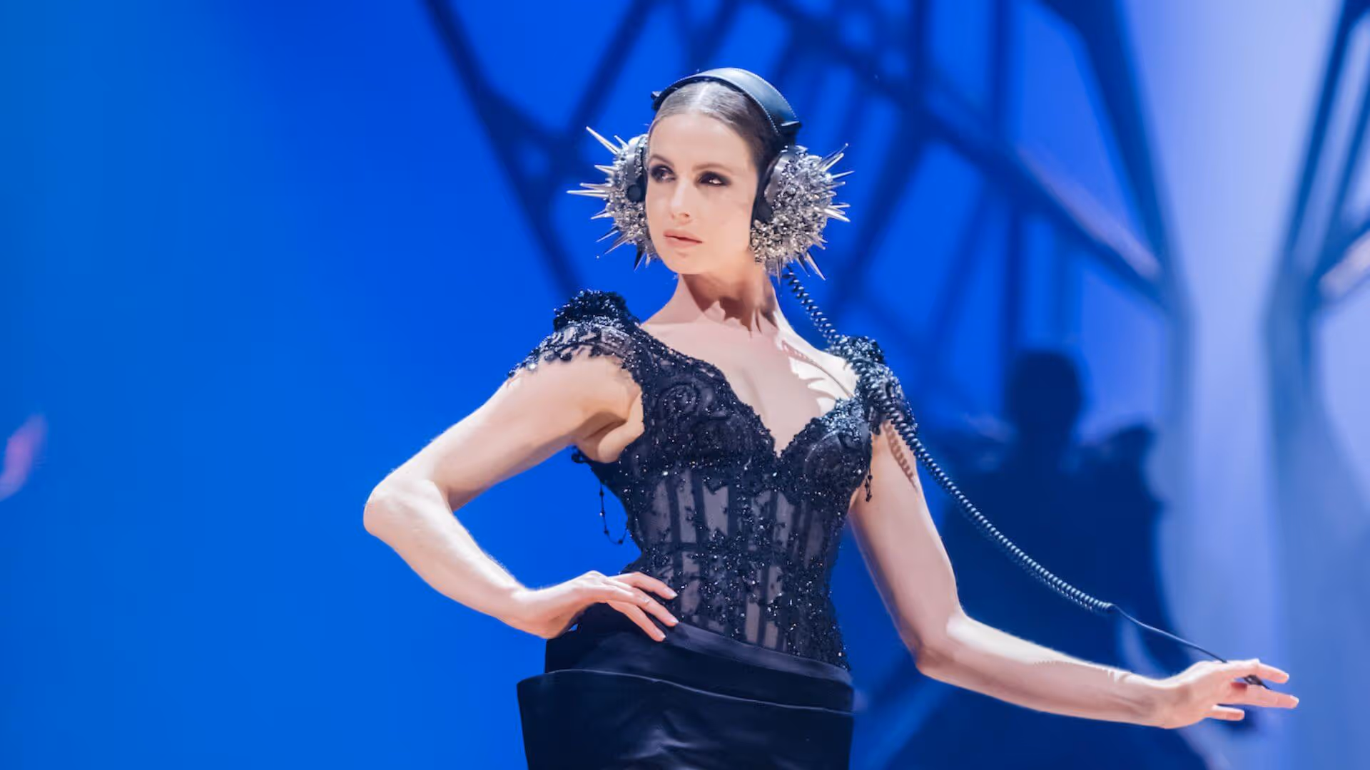 Model wearing headphones 