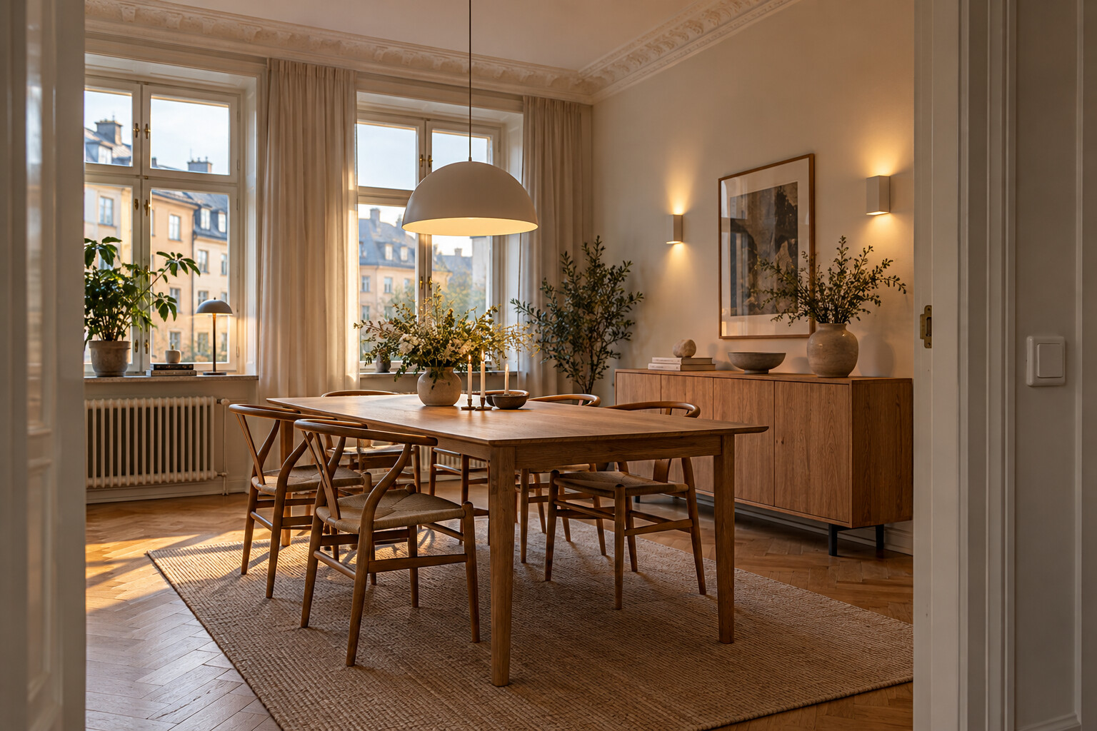 Matplats med takpendel och väggbelysning i en renoverad bostad
