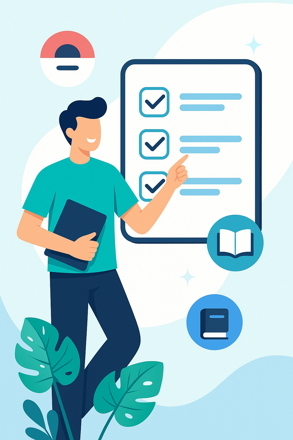 Illustration of a person holding a tablet and pointing to a checklist with three checked items, surrounded by book icons and green leaves.