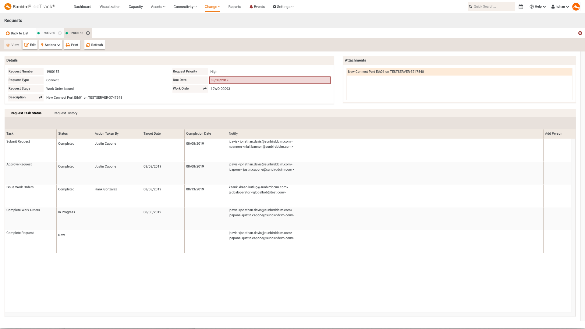 Sunbird dcTrack Change Request Details