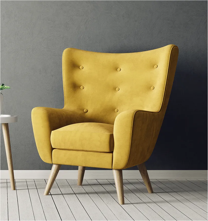 A stylish mustard yellow high-back armchair with button-tufting against a dark gray wall.