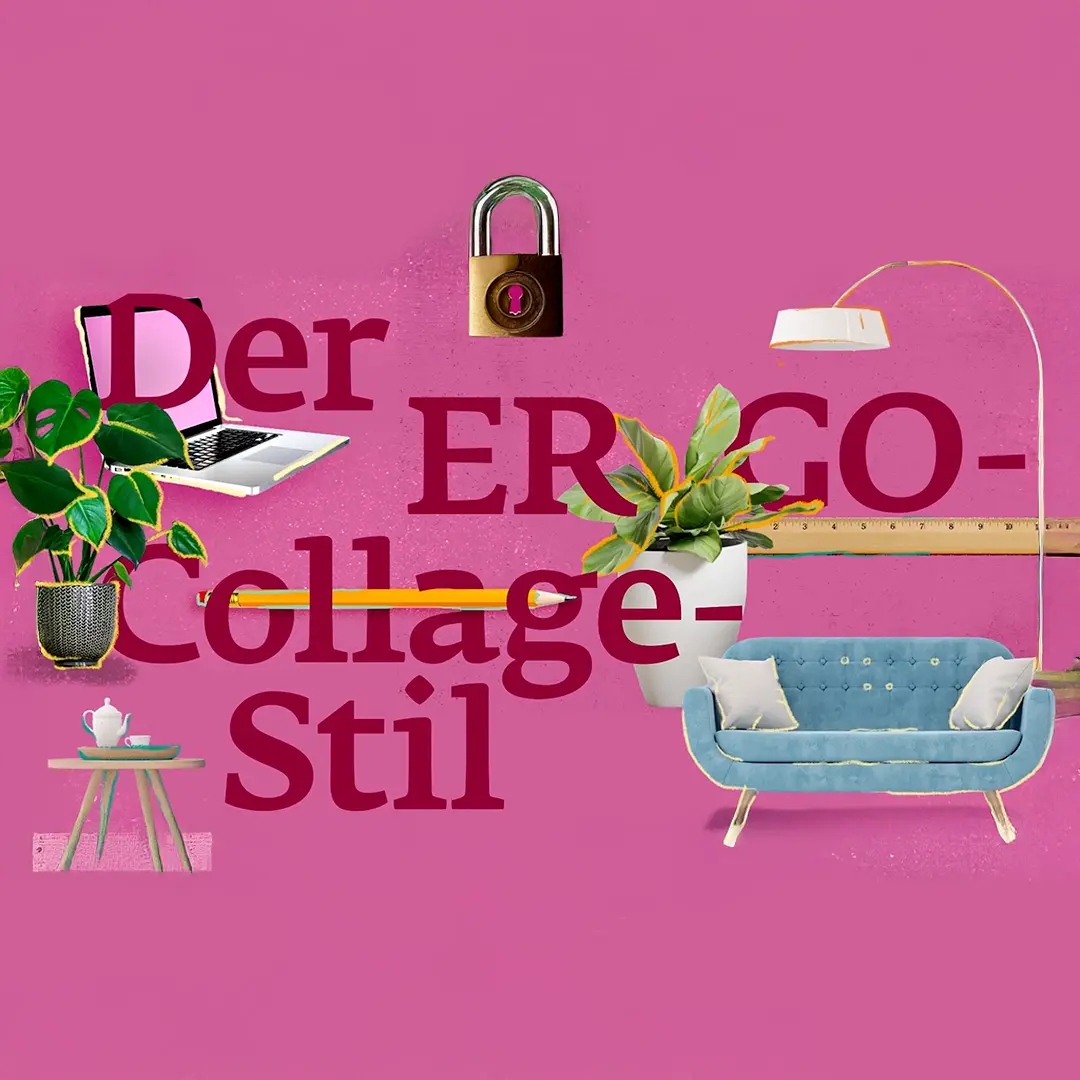 Der Ergo Collagestil. Pinker Hintergrund mit Collage-Elementen darauf.