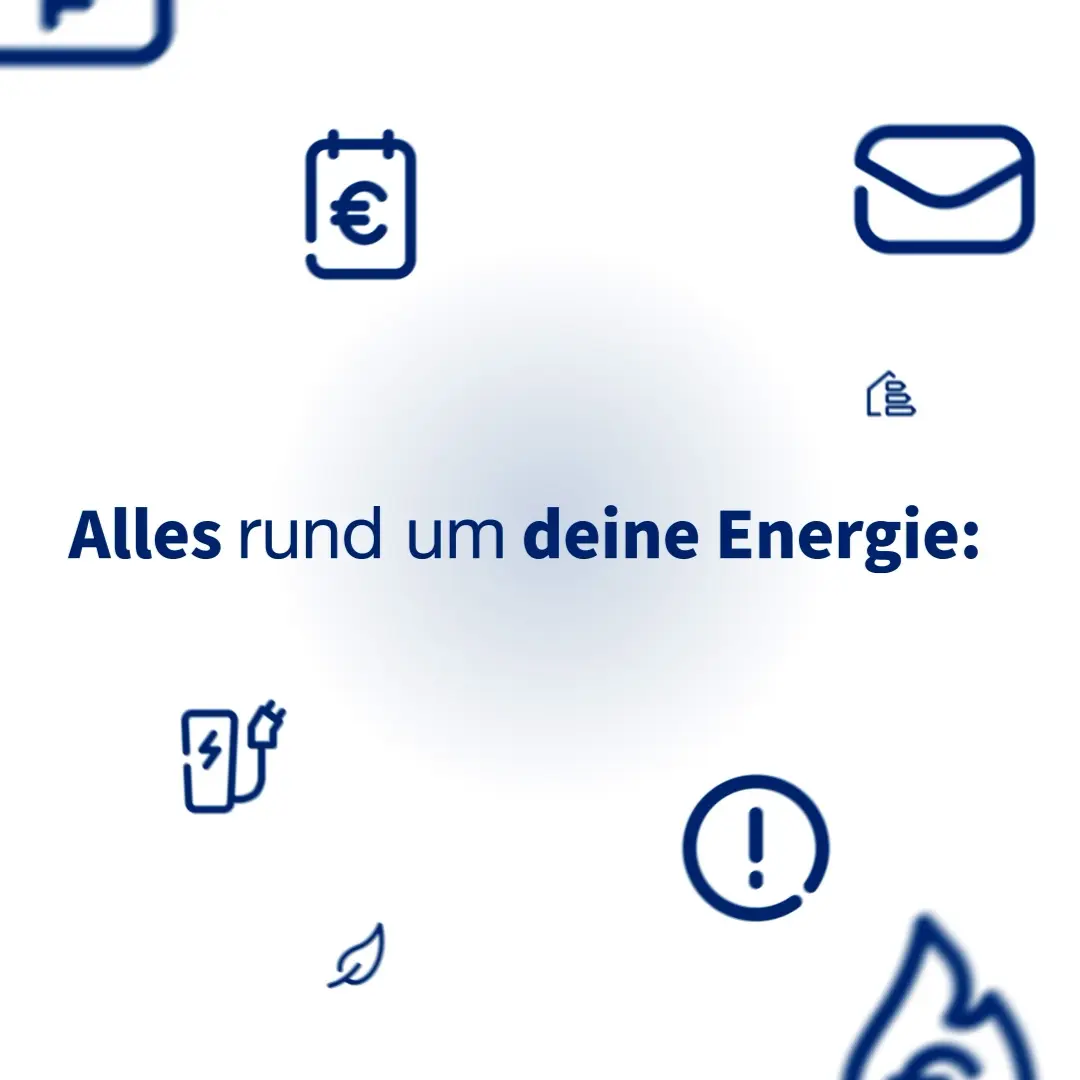Weißes Bild mit blauen Icons und dem Text: Alles rund um deine Energie.