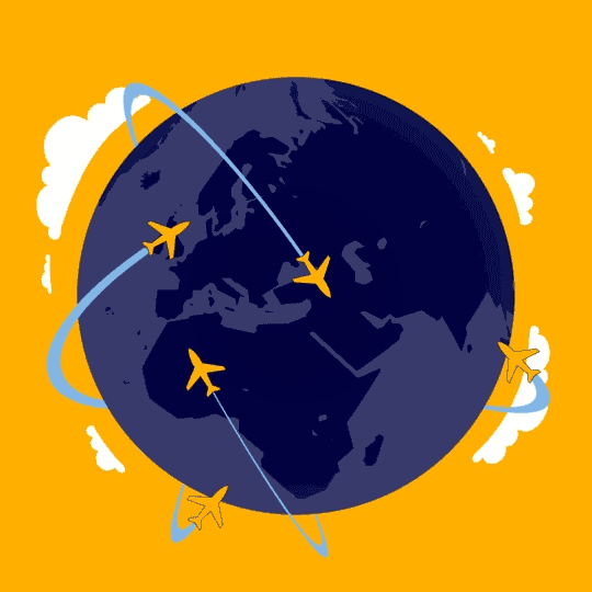 Ein illustriertes dunkelblaues Flugzeug fliegt durch das Bild.