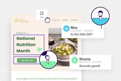 Email template promoting National Nutrition Month with team comments and drag-and-drop title editing, featuring a discount button and meal photo