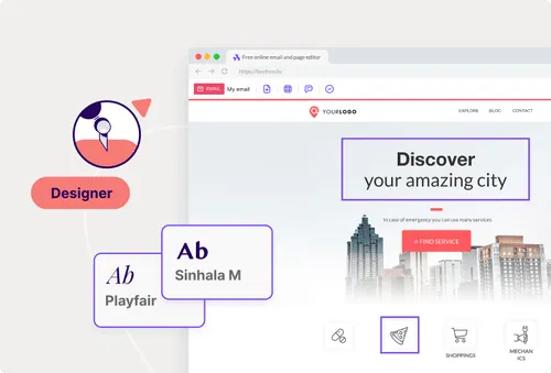 Email editor interface with highlighted font options Playfair and Sinhala M, showing a city-themed design and a "Find Service" button