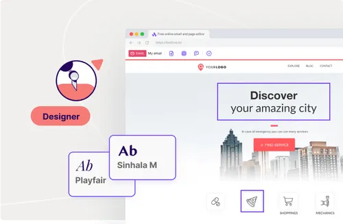 Webpage editor showing a city-themed design with “Discover your amazing city” text, font selections, and service icons