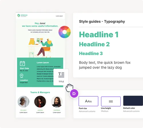 Email template editor showcasing on-brand customization with typography, font size, colors, and team member profiles