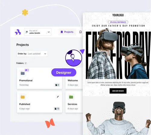 Email design dashboard showing Father’s Day VR promo template with “Designer” label and user folders.