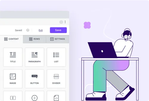 Email editor interface with content blocks and an illustration of a person working on a laptop.