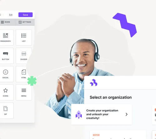 Smiling support agent with headset beside BeeFree interface showing email editor tools and organization setup prompt