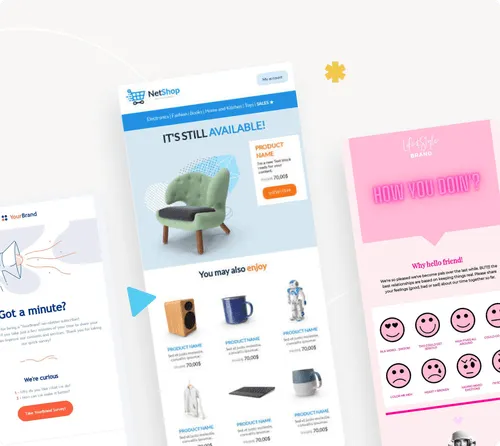 BeeFree email templates preview with Braze integration, displaying customizable marketing email layouts and design elements