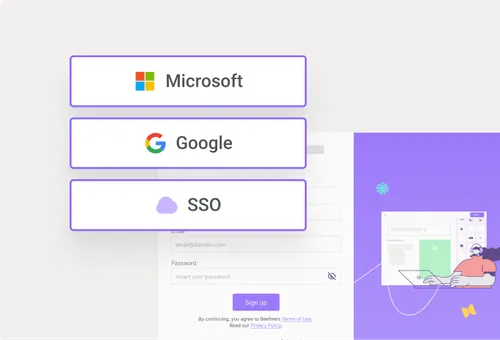 Login options for Microsoft, Google, and SSO above a sign-up form, highlighting secure access and authentication.