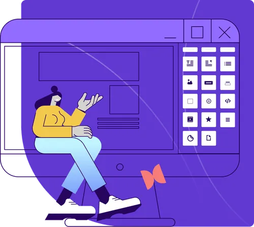 Illustration of a woman beside a purple drag-and-drop email editor UI, representing design and security features.