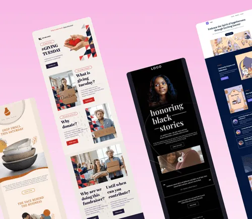 Four vertical email templates on a pink background showcasing Giving Tuesday, Black stories, shopping small, and event promotions