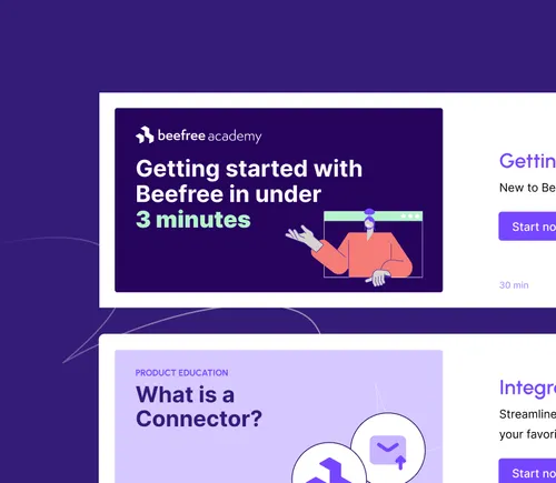 BeeFree Academy interface with video thumbnails for “Getting started” and “What is a Connector?” on a purple background