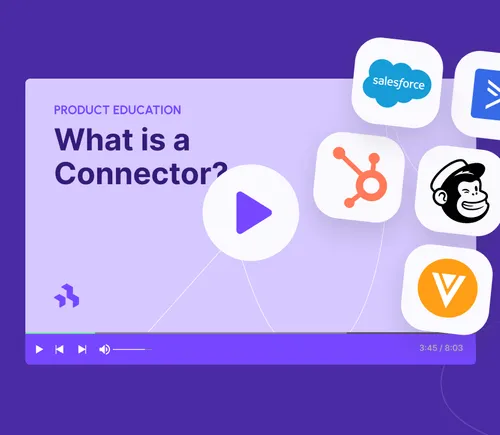 BeeFree product education video titled “What is a Connector?” on a purple interface with a large central play button and logos for Salesforce, HubSpot, Mailchimp, Veeva, and other platforms, indicating third-party integrations. Video player shows timestamp 3:45 of 8:03