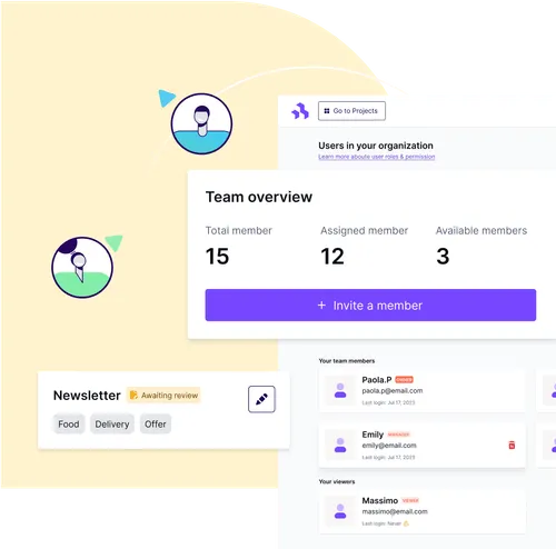 Team overview dashboard showing member roles and newsletter status with “awaiting review” tag on a light yellow background