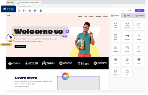 Landing page builder interface showing a colorful education-themed layout with editable text, content blocks, and student holding notebooks