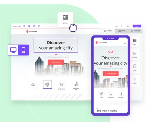 Landing page builder displaying desktop and mobile views of a city-themed layout with editable title, icons, and service options.