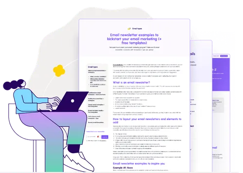 Illustration of a person typing on a laptop next to stacked newsletter templates titled "Email newsletter examples."