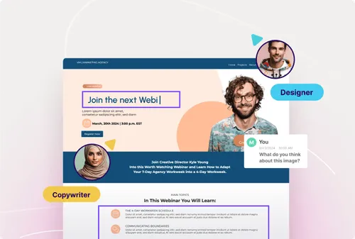 Webinar landing page editor showing collaboration between designer and copywriter, with avatars, comments, and editable content blocks