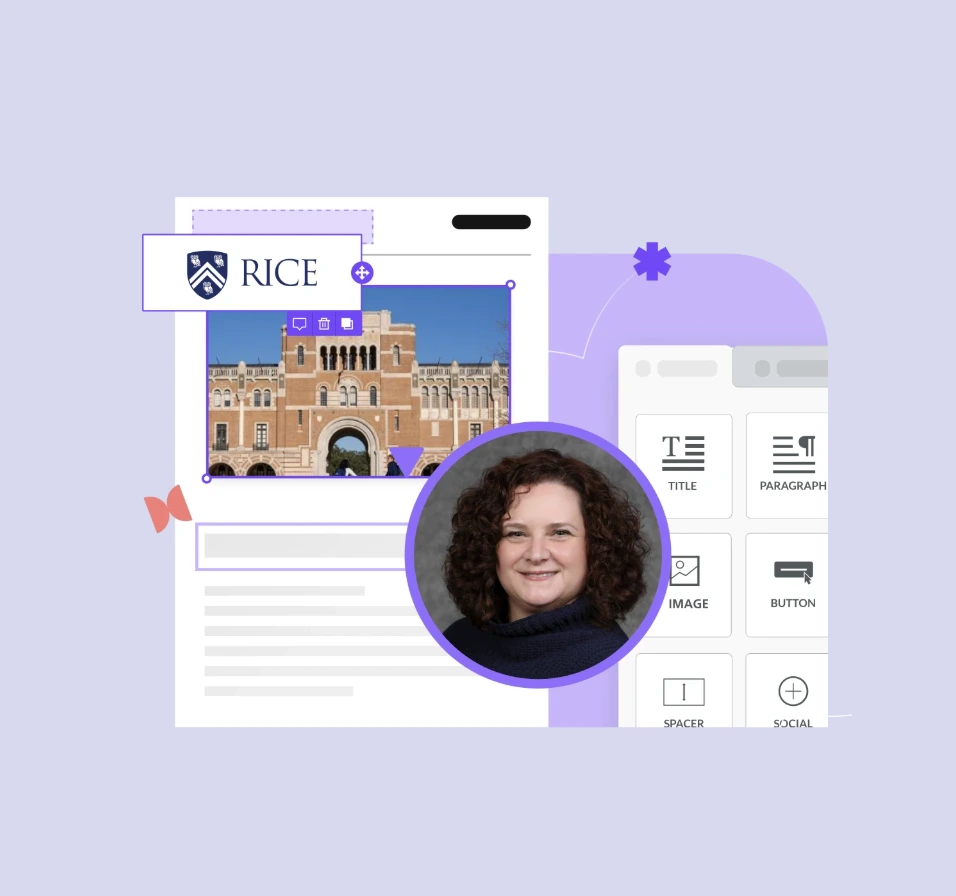 Email editor interface with Rice University logo, campus image, and a profile photo of a smiling woman with curly hair.