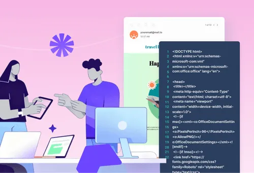 Illustration of two people discussing at a desk with laptops and computer screens showing an email interface and HTML code snippet on a pink background.