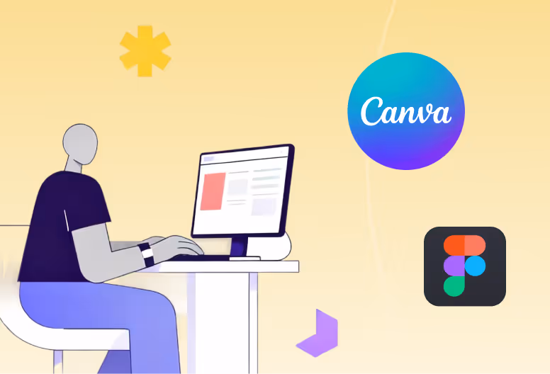 Illustration of a person sitting at a desk working on a computer, with Canva and Figma logos on a yellow background.