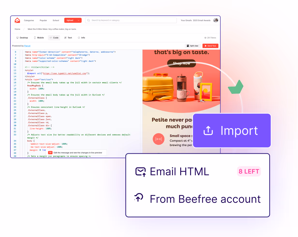 Interface showing email HTML code on the left and an email preview with on the right, with a purple Import button and a box indicating 'Email HTML From Beefree account 8 LEFT'.