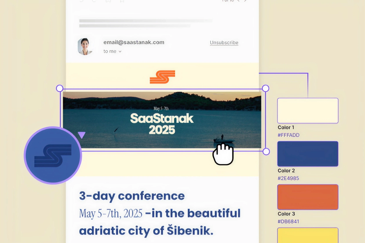 Design preview for SaaStanak 2025 conference banner with event details and color palette.