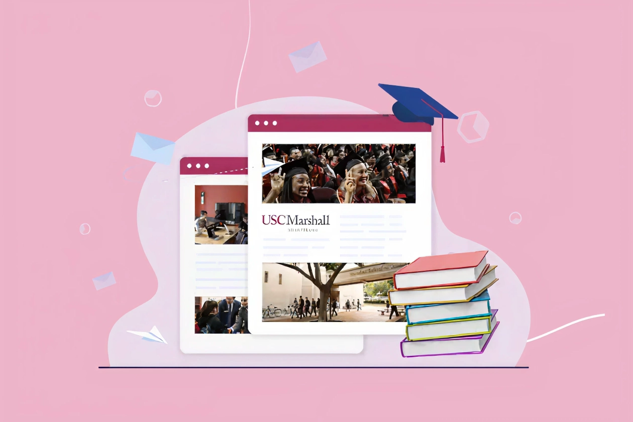 Illustration of USC Marshall graduation webpage with a graduation cap and stack of books on pink background.