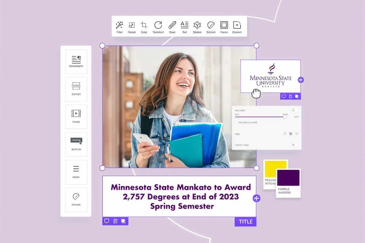 Smiling student holding books and phone with Minnesota State University Mankato degree award info overlay.