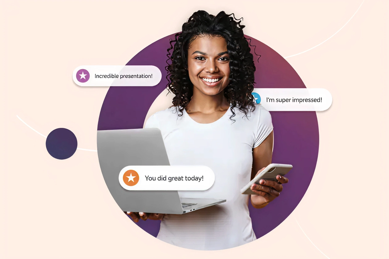 Smiling woman holding laptop and phone with positive chat messages around her.