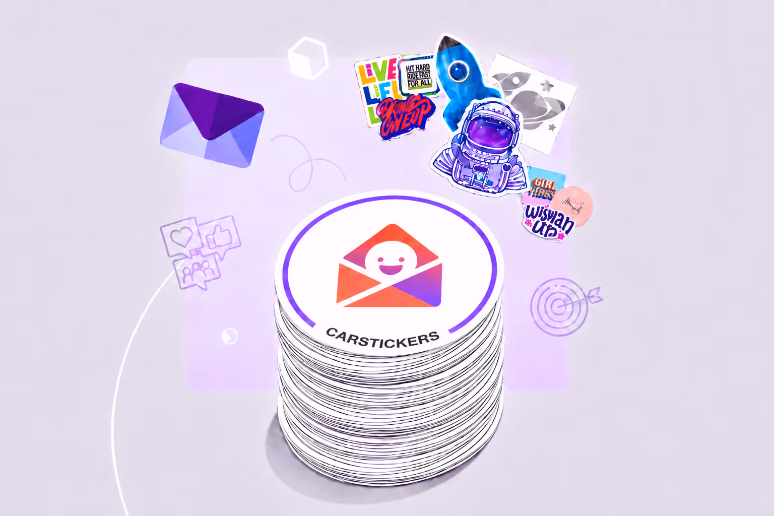 Stack of round stickers with Carstickers logo, various colorful stickers floating above on purple background.