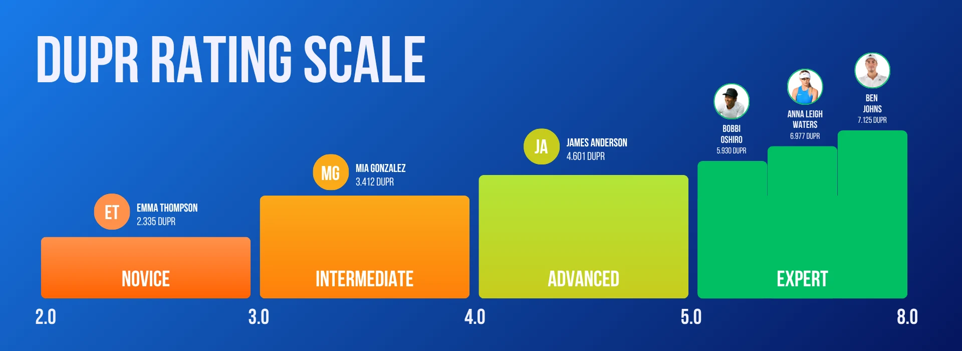 The DUPR rating scale from 2.000 to 8.000, showing the Novice, Intermediate, Advanced and Professional ranges