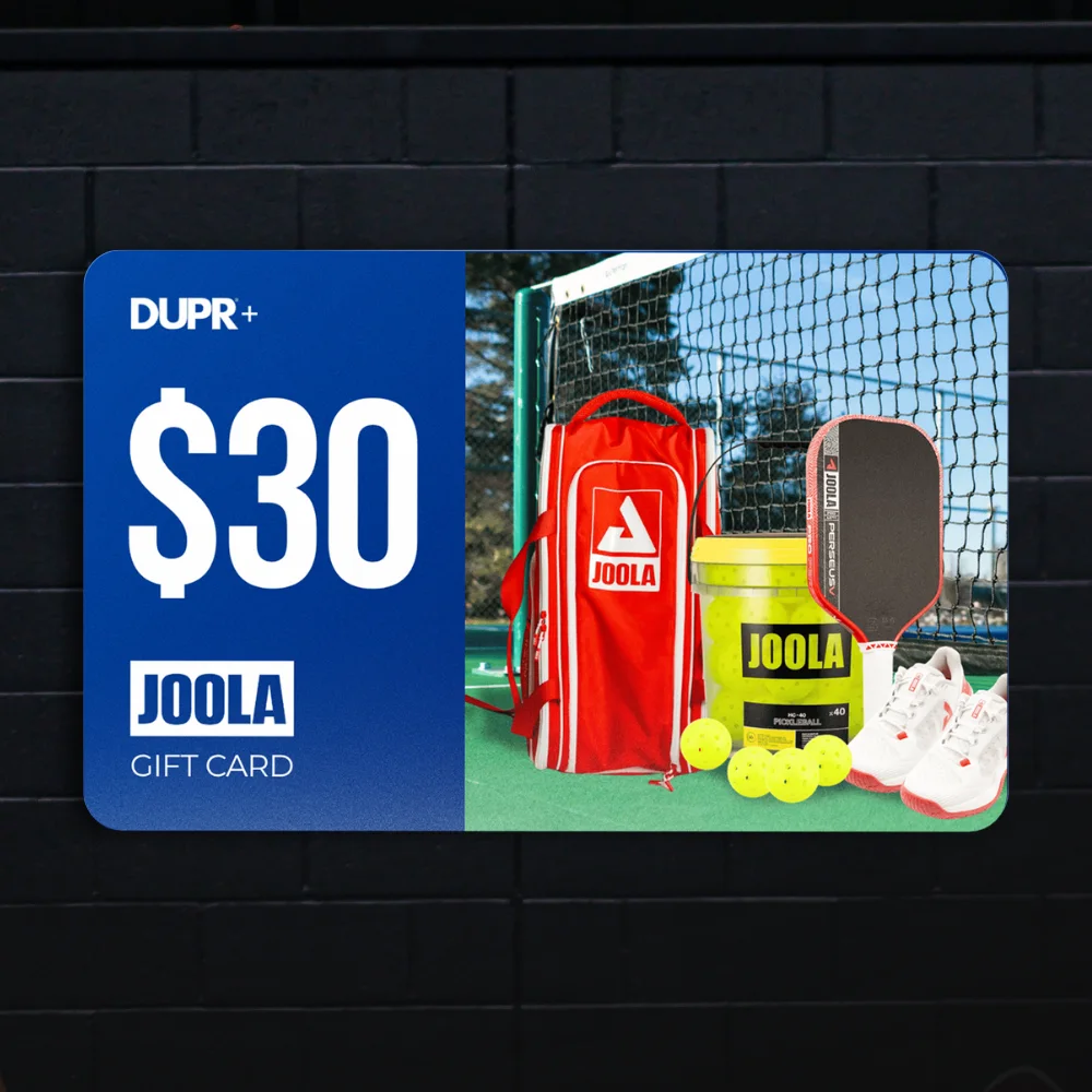 A $30 DUPR+ JOOLA gift card showing a paddle, shoes, a bag and a bucket of pickleballs