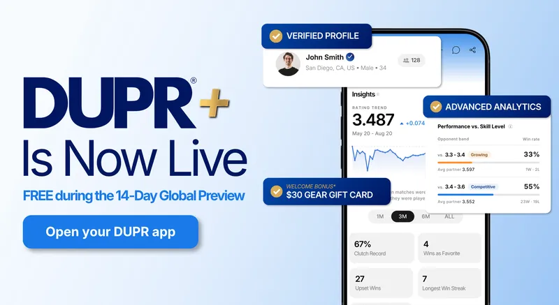 Email header, DUPR+ Is Now Live, free during the 14-Day Global Preview, with a phone showing Verified Profile and Advanced Analytics cards