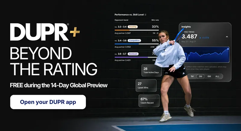 Email header, DUPR+ Beyond the Rating, free during the 14-Day Global Preview, with a player and the Insights rating trend on a dark background